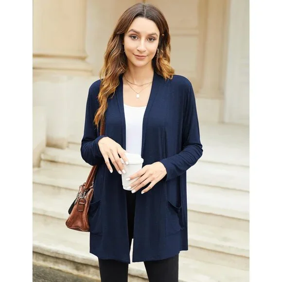 Women's Rayon Cardigan Loose Fit Pockets Open Front Long Sleeve Casual - Picture 2 of 9